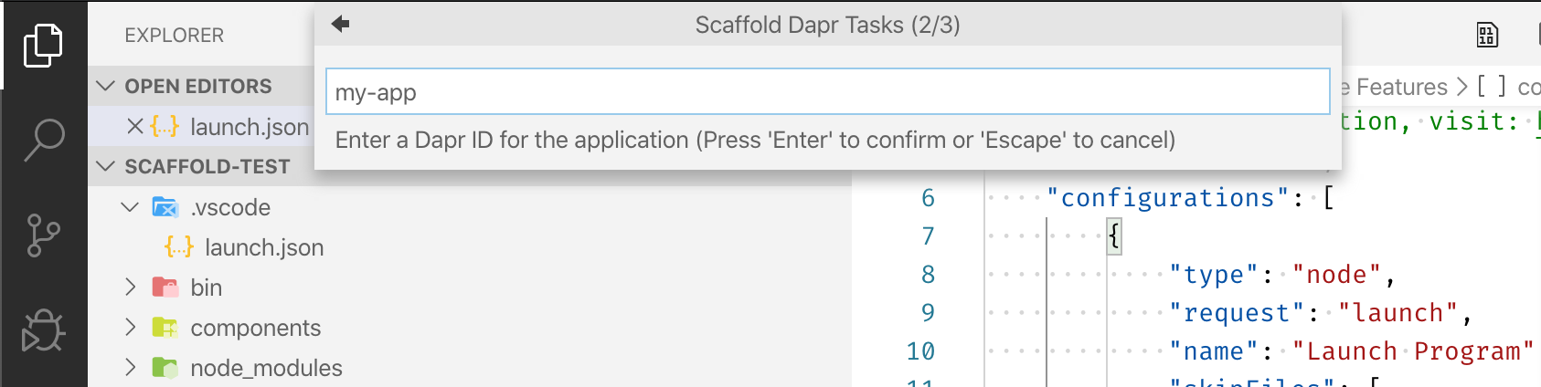 Screenshot of the Dapr VSCode extension scaffold option