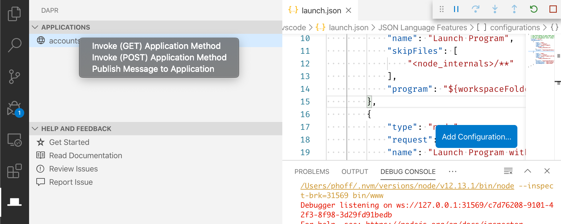 Screenshot of the Dapr VSCode extension view running applications option